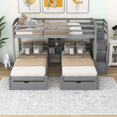 bunk beds with storage underneath them in a bedroom area next to a white rug and potted plant