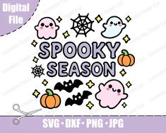 the spooky season svg cut file is shown with halloween decorations and bats