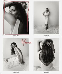 four different photos of women in white dresses and one woman with long hair sitting on a bed