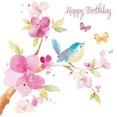 a watercolor painting of flowers and birds with the words feliz cumplanos