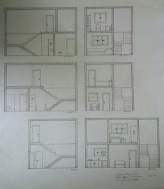 four drawings of different rooms in the same room, each with stairs and other areas