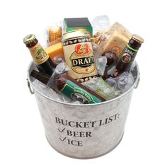 a bucket full of beer and snacks