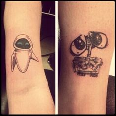 two small tattoos on the arms of people, one with an alien and another with a rocket ship