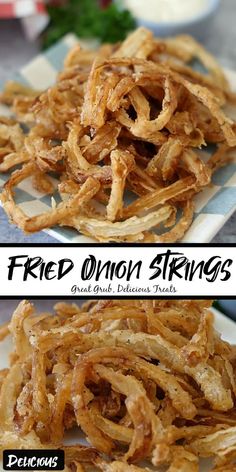 fried onion strings on a plate with dipping sauce