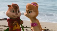 two cartoon chipmuns standing on the beach next to each other and one is holding a banana