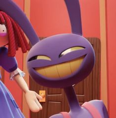 an animated character is standing in front of a purple bunny