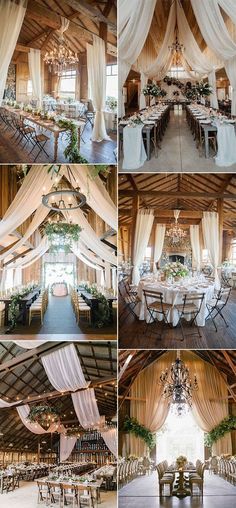 the inside of a barn decorated with white draping and greenery is shown