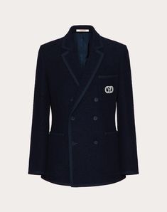 Valentino double-breasted bouclé wool jacket with VLogo Signature embroidery - Slim fit - Lined - VLogo Signature embroidery on left breast pocket as worn - Button fastening - Two front patch pockets - One left breast pocket as worn - Composition: 72% Wool, 19% Polyamide, 9% Silk - Lining: 100% Cupro - Length: 76 cm / 29.9 in. from the back of the neck in an Italian size 46 - The model is 187 cm / 6'1" tall and wears an Italian size 46 - Made in Italy The look of the model is completed by V Wool Jacket, Valentino Garavani, Online Boutique, Double Breasted, Top Brands, Composition, Slim Fit, Mens Outfits, Italy