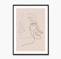 an abstract line drawing of two faces in beige and black, framed on a white wall