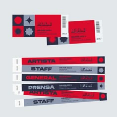 three red and blue tickets with the words artistaa on them are shown in different colors