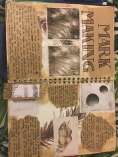 an altered book with many pictures and words on the pages that are torn up to look like feathers