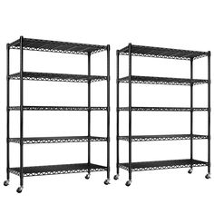 two black metal shelvings with wheels on each side and one in the middle