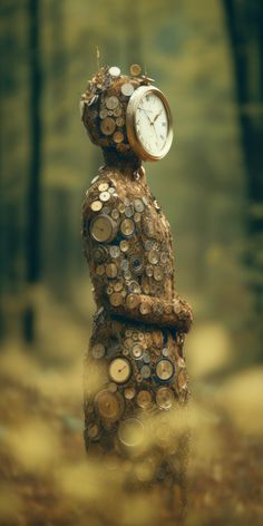 a clock sitting on top of a wooden stump in the middle of a forest filled with trees