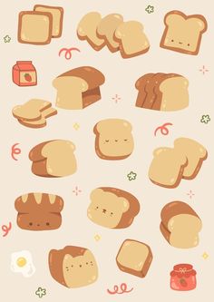 some breads and other food items on a white background with pink lettering that says, i