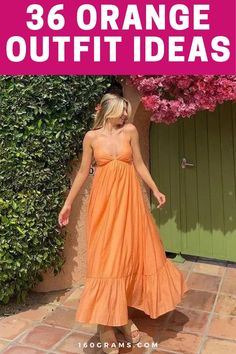 Save this pin for vibrant orange outfit inspiration! Explore sunny citrus chic looks to elevate your wardrobe. #FashionInspo #OrangeOutfits #StyleTips Orange Outfit Ideas, Orange Leather Jacket, Orange Sundress, Orange Jumpsuit