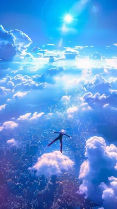 a person is flying through the air above some clouds and blue sky with bright sun