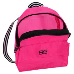 a pink backpack with black straps and the number 89 on it's front pocket