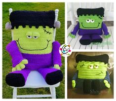 crocheted stuffed toy sitting in chair with green and purple outfit on it's head