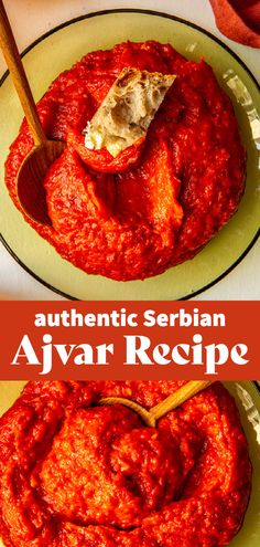 two plates filled with red sauce on top of a white table and the words authentic sicilian avar recipe above them