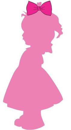 the silhouette of a girl with a pink bow on her head, in front of a white background