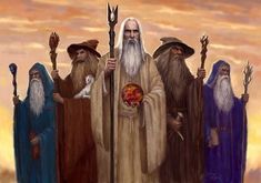 four wizard like men with long white hair and beards are standing in front of an orange sky