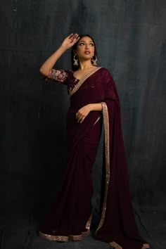 Product Will Dispatch within  24 Hours Delivered Within: UK – 3 to 5 working days. Europe – 5 to 7 working days. Canada ,Usa & Asia – 7 to 9 working days. DESCRIPTION Mughal Collection - Wine Floral Saree Design & Work : Thread, Sequins Colour : Party Wear Sarees Classy, Wine Colour Saree Wedding, Wine Saree Look, Wine Colour Blouse, Wine Red Saree, Wine Colour Saree, Wine Saree, Farewell Ideas, Farewell Saree