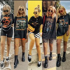 Outfit Ideas Biker Shorts, Styling Biker Shorts, Rock Festival Outfit, Band Tee Outfits, Concert Outfit Rock, Grunge Chic, Biker Shorts Outfit, Look Festival, Estilo Taylor Swift