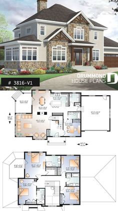 two story house plan with 3 bedroom and 2 bathrooms on each floor, in the middle of