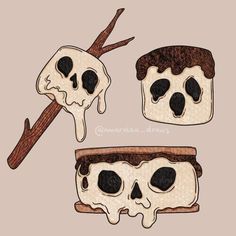 three pieces of bread with skulls and bones on them, one is melting chocolate the other has melted marshmallows