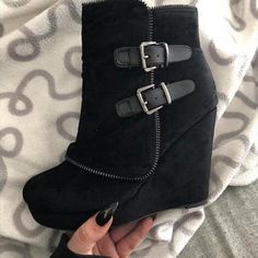 Style: Daily. Casual Item: Boots Upper Material: Faux Suede Toe: Round Toe Closure Type: Zipper Heels: Wedge Heel Basic Boots, Zipper Fashion, Zippers Fashion, Zipper Heels, Round Toe Shoes, Black Wedge, Boots High