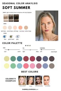 This easy and simple season color analysis for women will improve your look and style. Find your seasonal color palette that works best for your complexion. 12 season color analysis, winter, spring, autumn, and summer. Season color palettes and how to find out which season you are. Warm or cool undertones, hair tones, and eye color charts for each season color. clear spring, warm spring, light spring, light summer, cool summer, soft summer, soft autumn, warm autumn, deep autumn, deep winter, c Summer Analysis Color Palette, Summer Complexion Color Palette, Makeup For Cool Summer Skin Tone, Soft Season Color Palette, Soft Summer Neutral Color Palette, Best Hair Color For Summer Palette, Seasonal Color Analysis Soft Summer, Soft Summer Light Color Palette, Soft Summer Season Color Palette