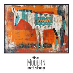 the modern art shop logo with an image of a horse in orange, blue and white