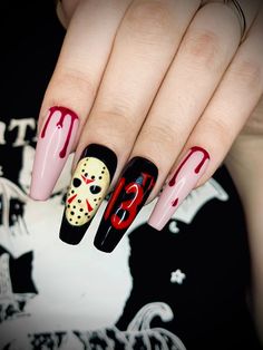 Jason Acrylic Nails, Knife Nails Design, Jason Mask Nails, Jason Voorhees Nail Art, Friday The 13th Nails Acrylic, Friday 13 Nails, Friday 13th Nails, Friday The 13 Nails, It Inspired Nails