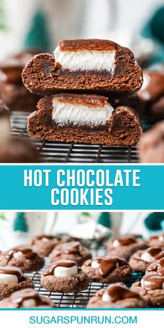 chocolate cookies with marshmallows on top and the words, hot chocolate cookies