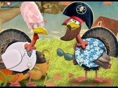 two turkeys dressed up as pirates and one is holding a turkey's head