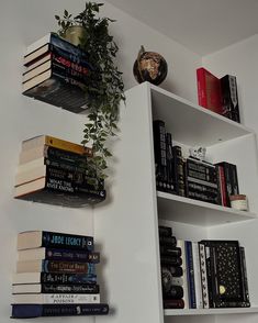 several books are stacked on top of each other in a white book shelf with a potted plant next to it