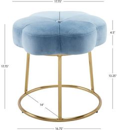 a blue stool with gold legs and measurements