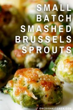 small batch smashed brussels sprouts on a white plate with text overlay reading small batch smashed brussels sprouts