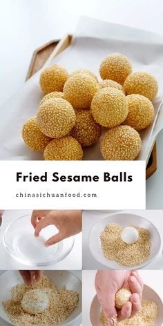 the process of making fried sesame balls is shown here