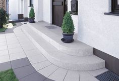 two potted trees sitting on the side of a building