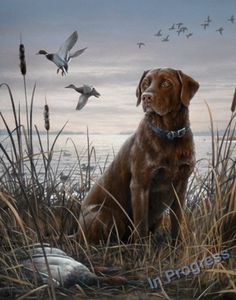 a painting of a brown dog sitting in the grass next to ducks and water fowls