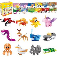 an assortment of legos and toys in the shape of animals