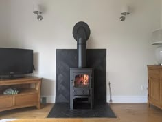 a wood burning stove in a living room