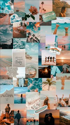 a collage of photos with people on the beach