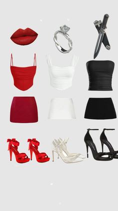 four different types of clothes and shoes with high heels on the bottom one is red