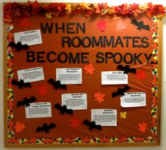 a bulletin board with bats and words written on it that read when roommates become spooky