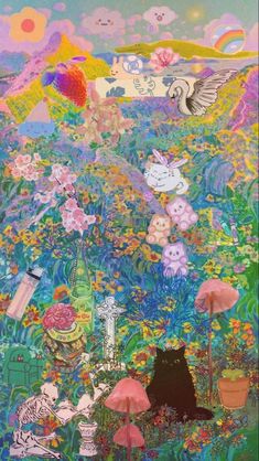 an image of a painting with flowers and animals in the background, including cats sitting on umbrellas