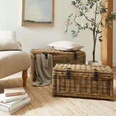 two wicker baskets sitting on top of a rug next to a couch