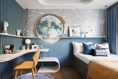 a bedroom with blue and white walls, wooden floors and a bed in the corner