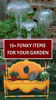 an orange bench sitting in the grass next to potted plants and glass vases